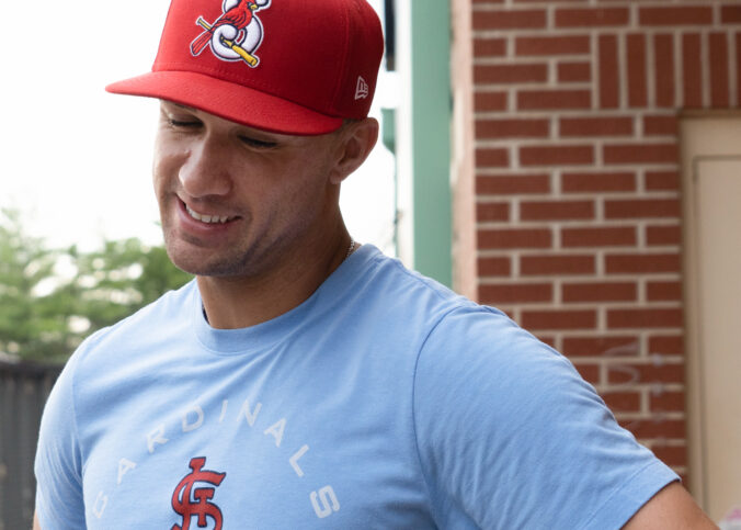 Jack Flaherty smiles after rehab start wearing Cardinals shirt and hat